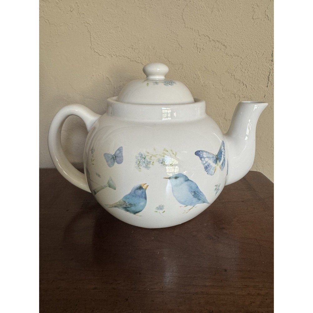 Teapot Hallmark Blue Skies Blue Bird Rooster Floral Butterflies Marjolein Bastin